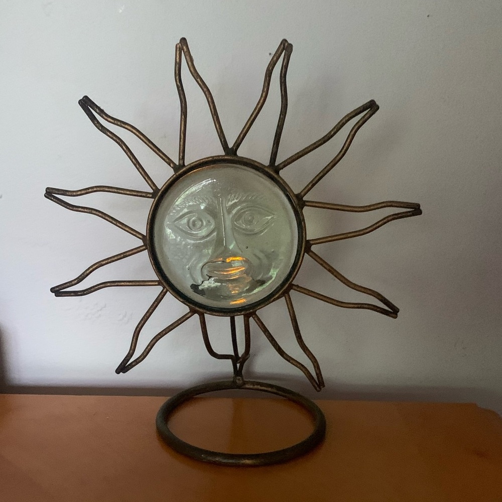 Vintage 90s Celestial Sun Glass Metal Candle Holder Stand Boho Mystical Decor